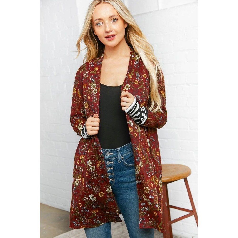 Burgundy Floral Stripe Cardigan with Thumbholes - Picture 4 of 10